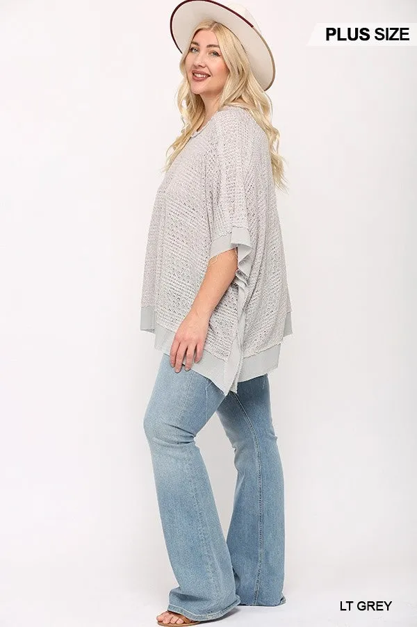 Women's Plus Light Knit And Woven Mixed Boxy Top With Poncho Sleeve