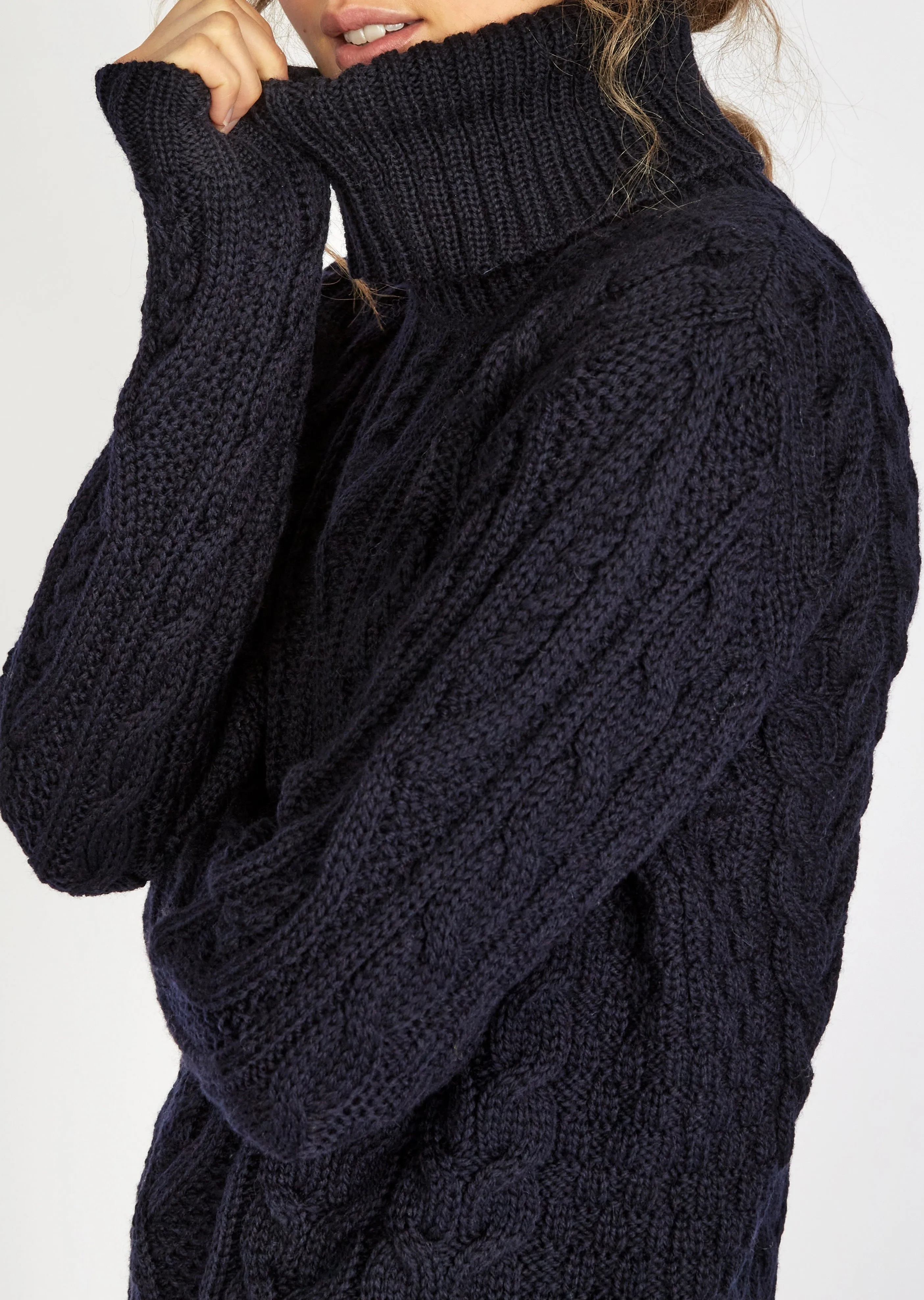 Women's Polo Neck Aran Sweater | Navy