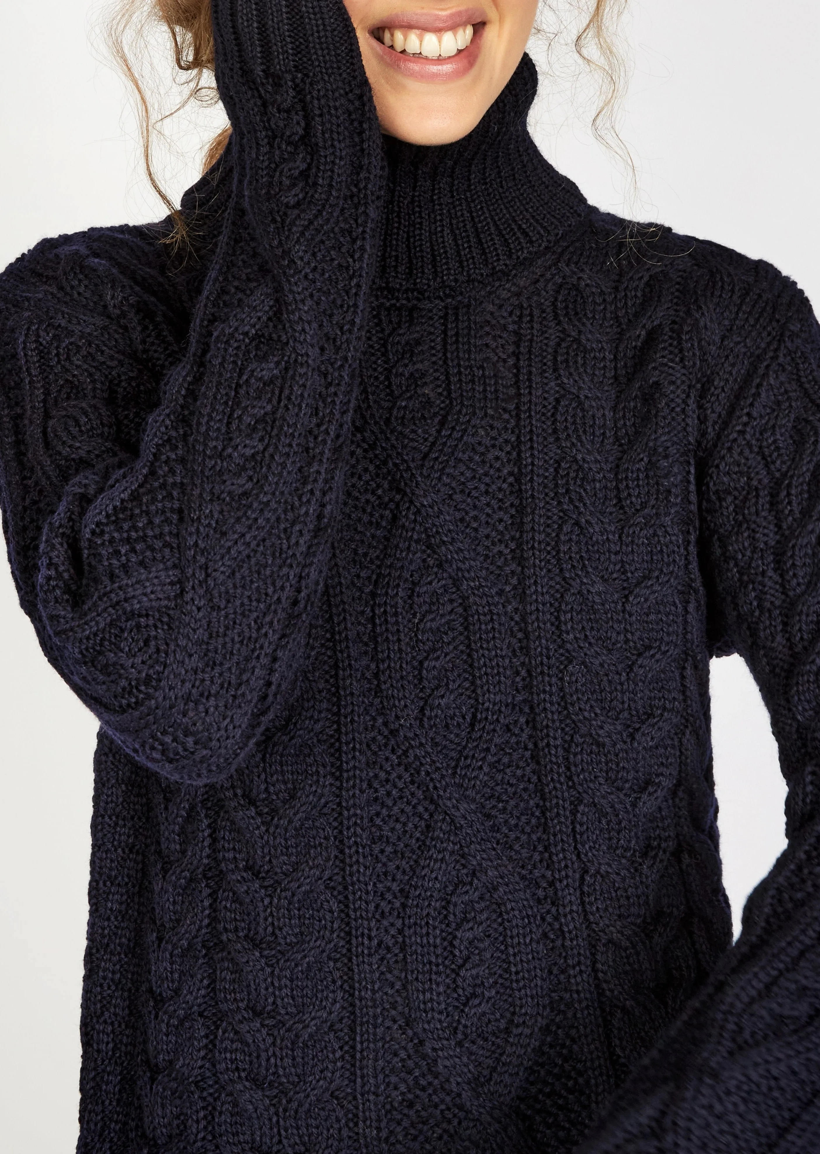 Women's Polo Neck Aran Sweater | Navy