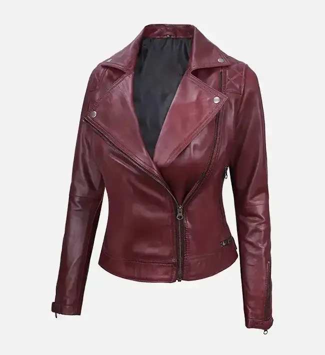 Women's Quilted Motorcycle Maroon Leather Jacket