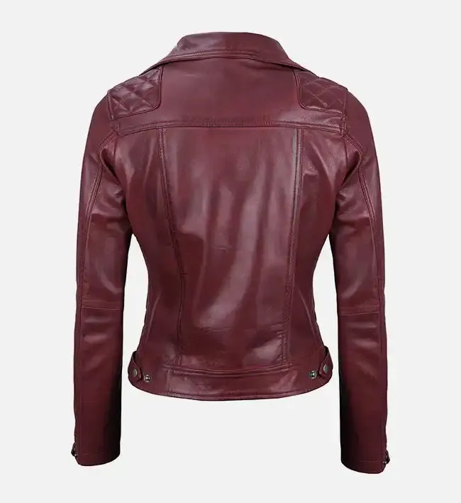 Women's Quilted Motorcycle Maroon Leather Jacket