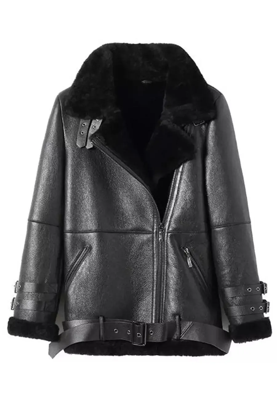 Women's Stylish Black Leather Shearling Long Coat