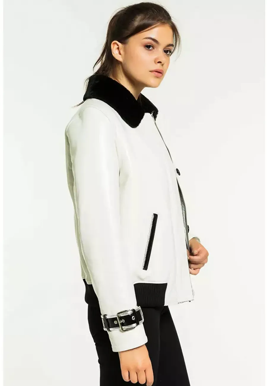 Women’s White Leather Black Collar Shearling Jacket