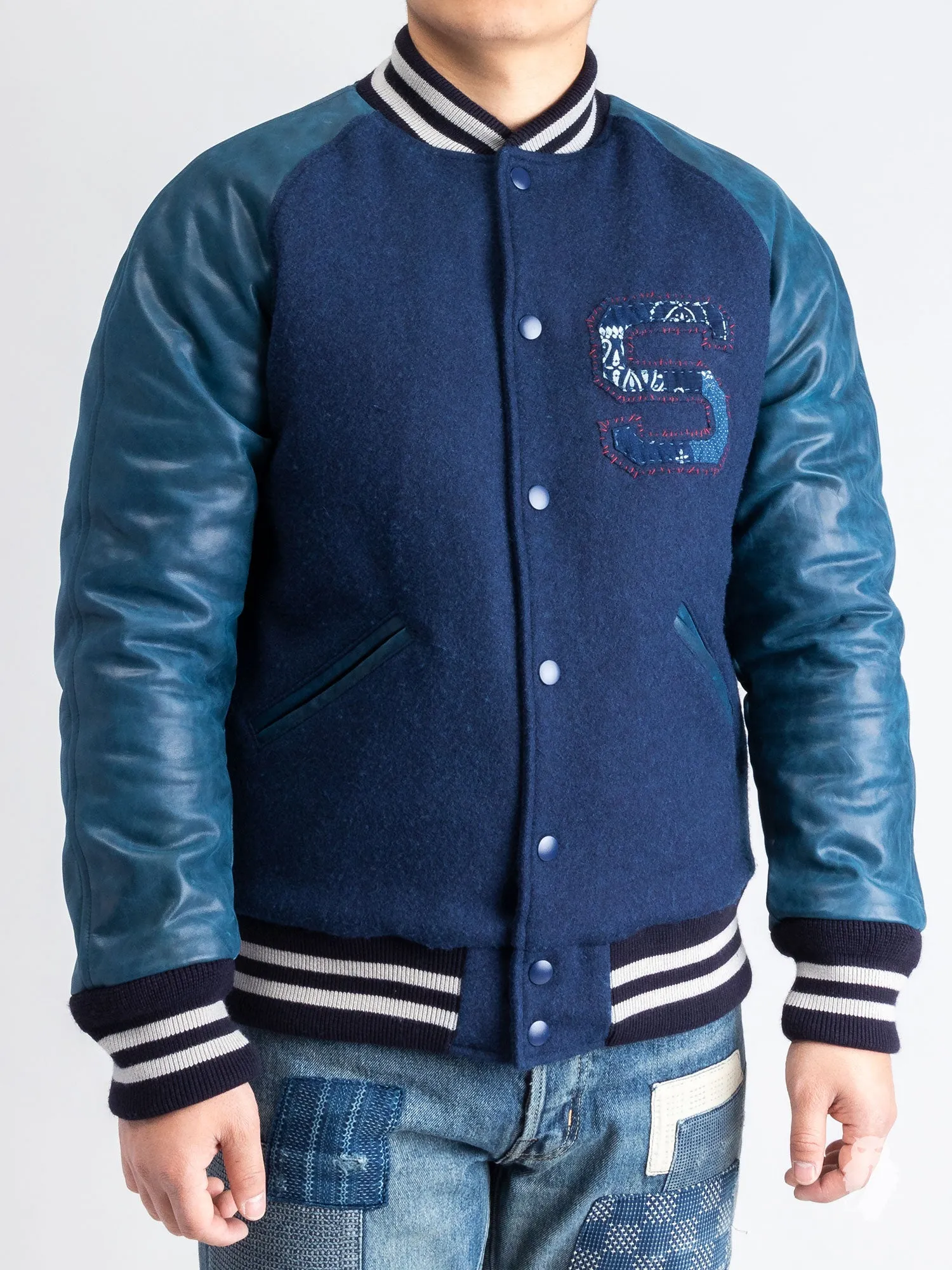 Wool Varsity Jacket in Indigo